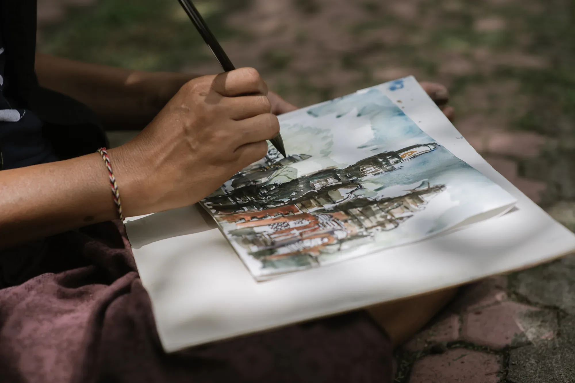 Watercolour sketch of Balinese architecture in progress